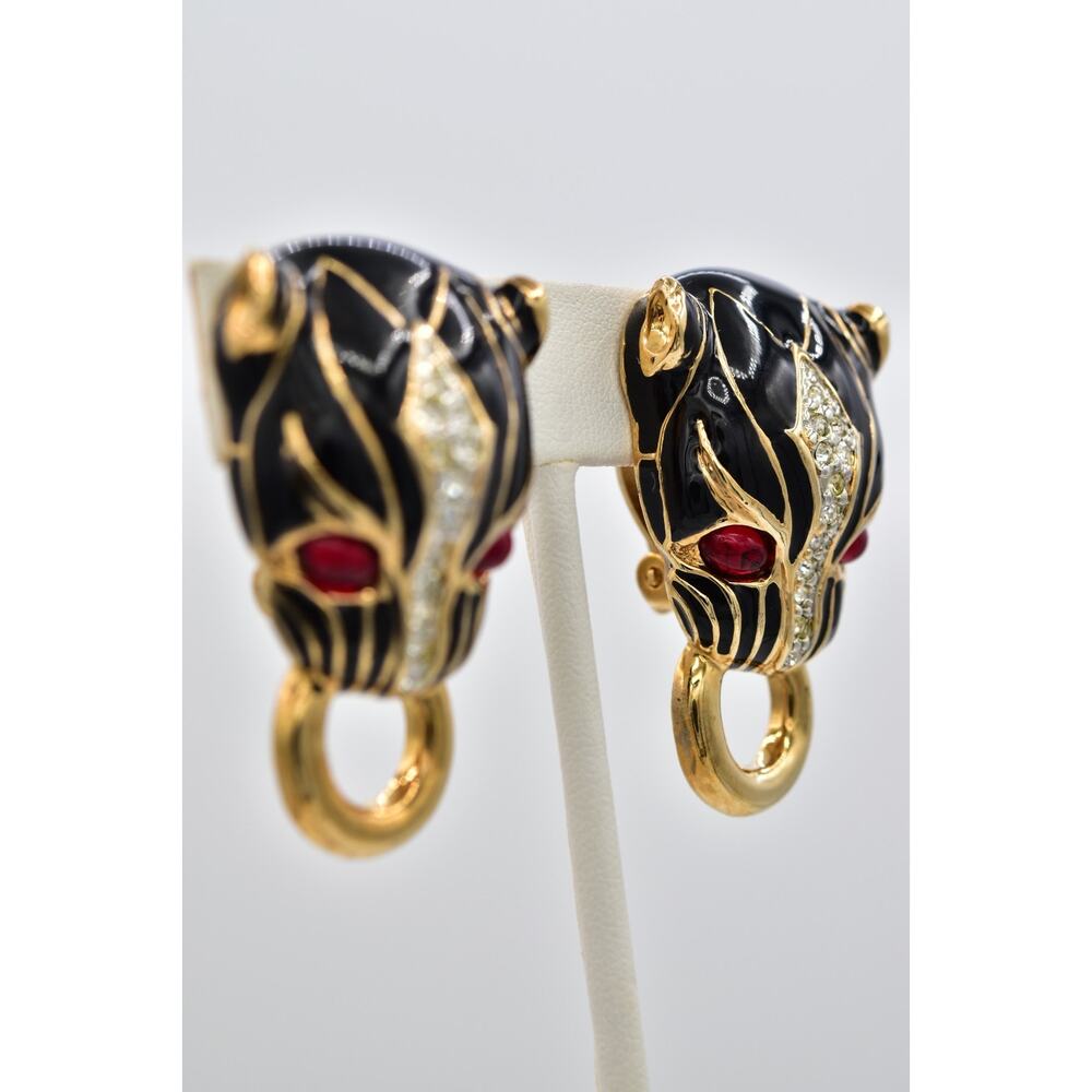 Vintage NOS Panther Head Clip On Earrings Red Cabochon Black Enamel 1980s A28 - Picture 6 of 12